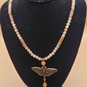 Faceted Peach Moonstone, Copper Tube Beads With A Copper Luna Moth Pendant